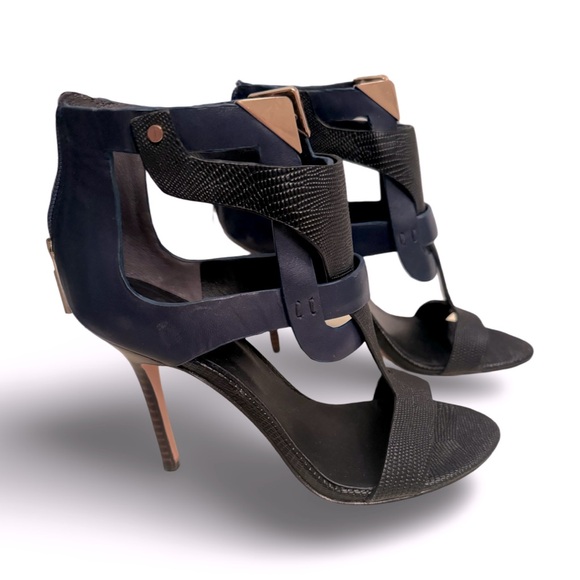 Rachel Roy Larson Open Toe Heel with Gold Metal Hardware Navy/Blk Leather NIB - Picture 2 of 4